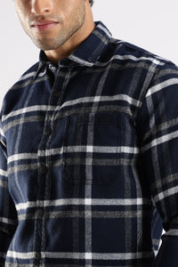 Men Navy Cotton Slim Fit Full Sleeve Checkered Shirt