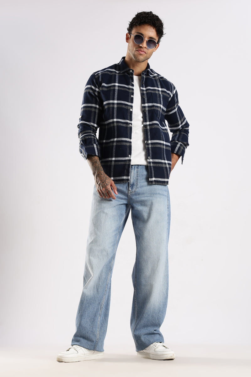 Men Navy Cotton Slim Fit Full Sleeve Checkered Shirt