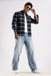 Men Navy Cotton Slim Fit Full Sleeve Checkered Shirt