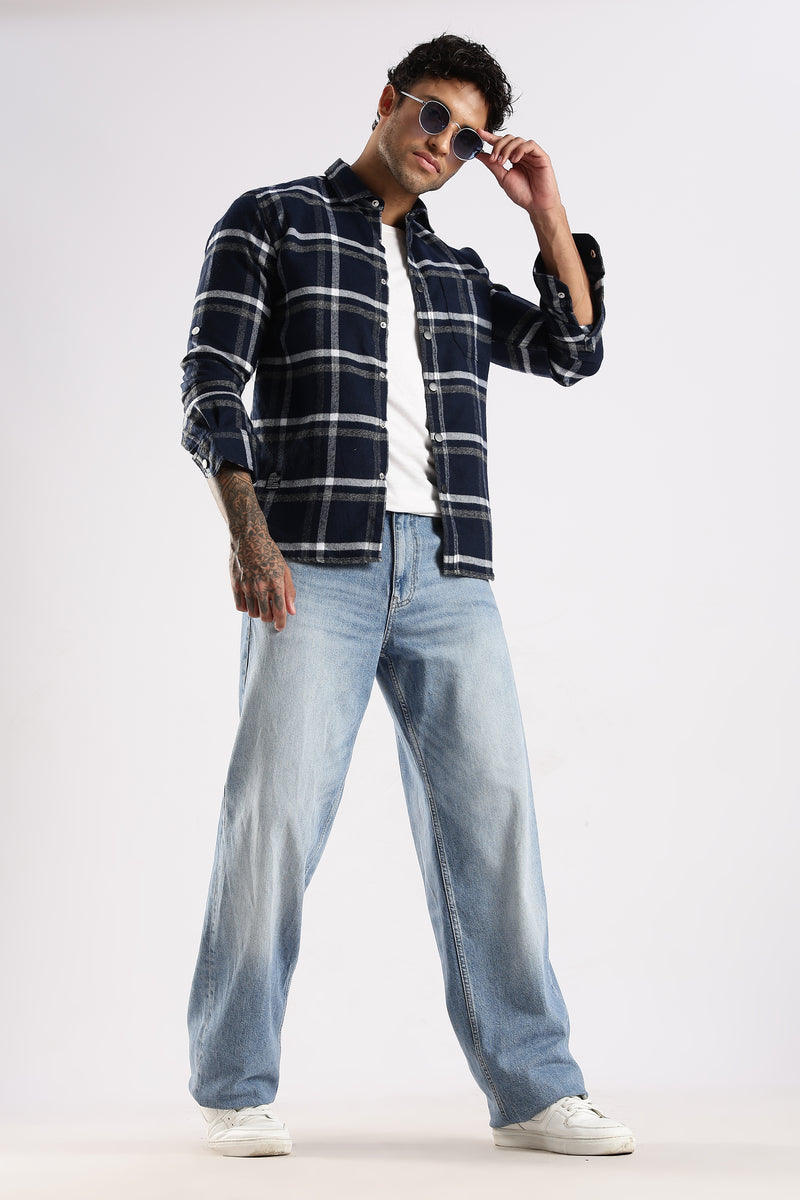 Men Navy Cotton Slim Fit Full Sleeve Checkered Shirt