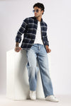 Men Navy Cotton Slim Fit Full Sleeve Checkered Shirt