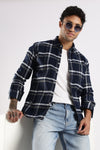 Men Navy Cotton Slim Fit Full Sleeve Checkered Shirt