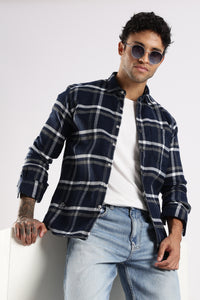 Men Navy Cotton Slim Fit Full Sleeve Checkered Shirt