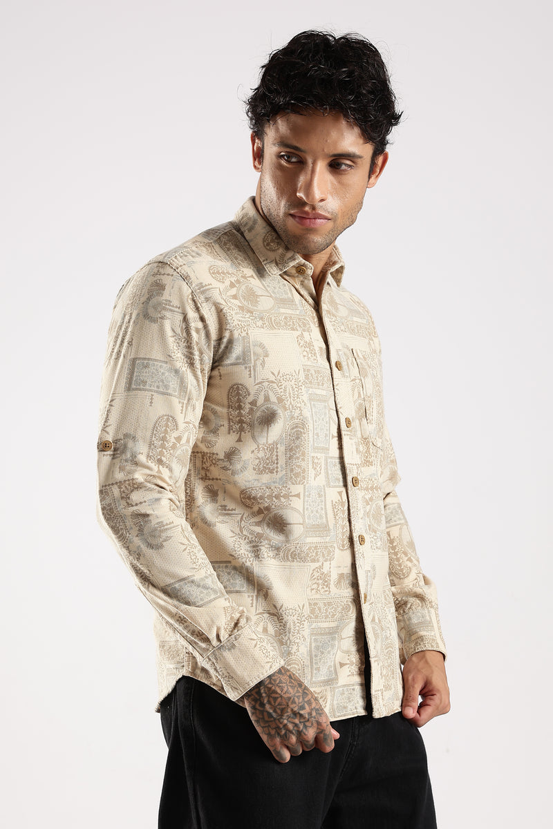 Brown Abstract Floral Print Slim Fit Full Sleeve Shirt