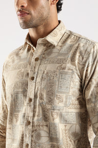 Brown Abstract Floral Print Slim Fit Full Sleeve Shirt