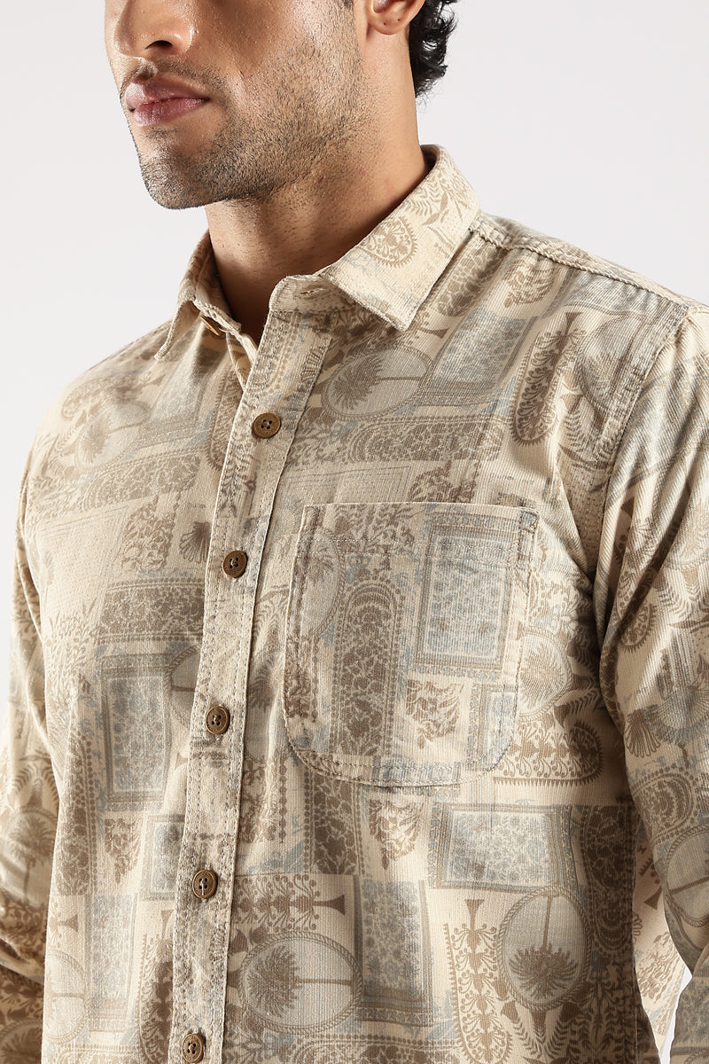 Brown Abstract Floral Print Slim Fit Full Sleeve Shirt