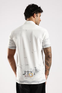 White & Grey Abstract Print Half Sleeve Casual Shirt  Description