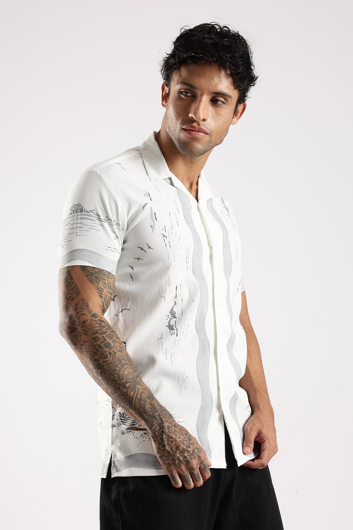 White & Grey Abstract Print Half Sleeve Casual Shirt  Description