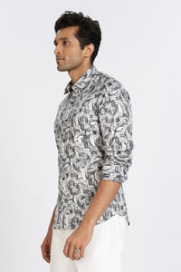 Men Grey Printed Full Sleeve Slim Fit Casual Shirt