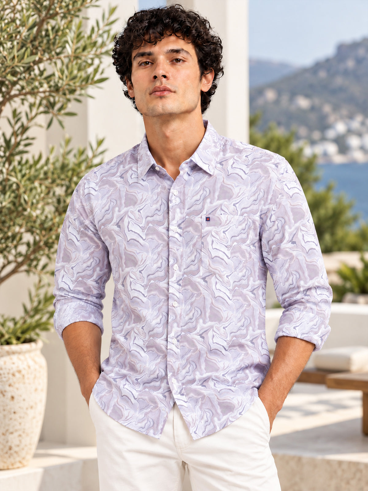 Men's Smart Casual Pink Slim Fit Abstract Printed Designer Shirt