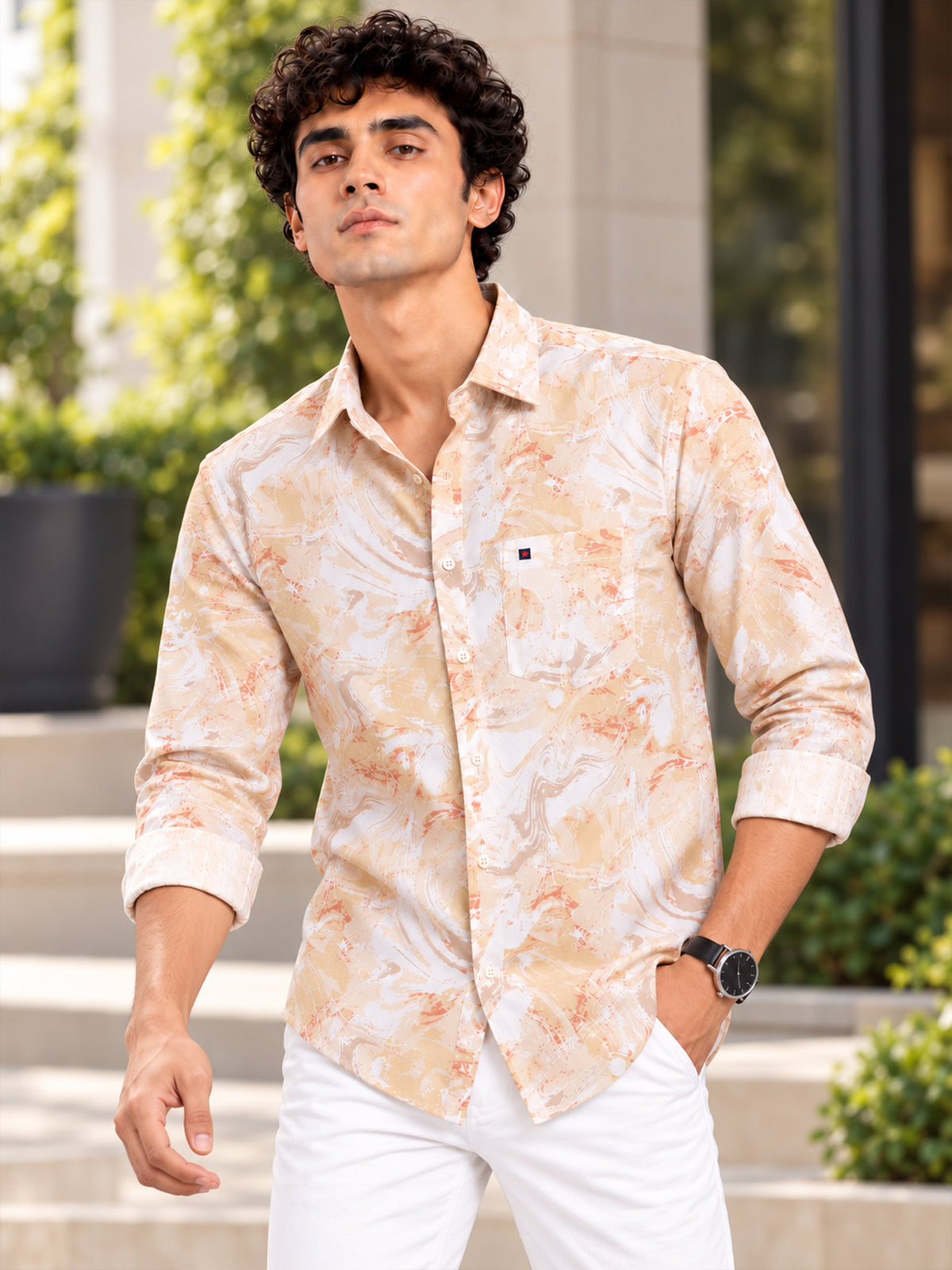 Men Yellow Abstract Printed Slim Fit Casual Shirt