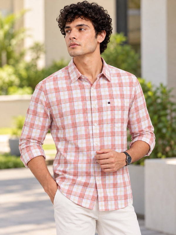 Men Peach Slim Fit Tartan checkered Casual Shirt