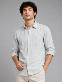 Men Sky Blue Slim Fit Textured Striped Full Sleeve Casual Shirt