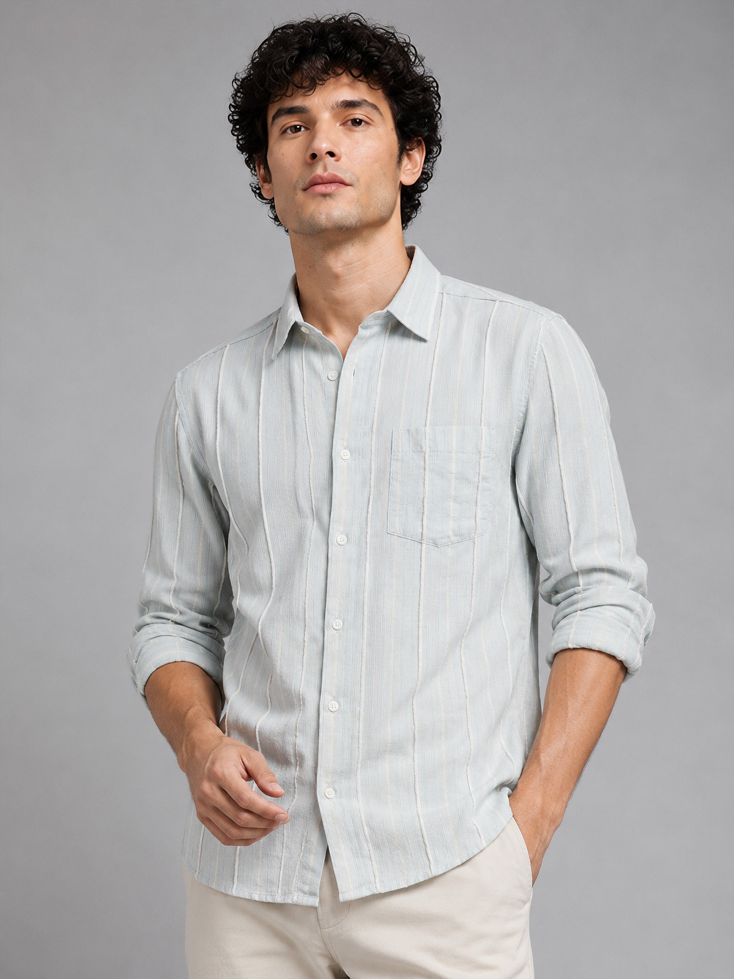 Men Sky Blue Slim Fit Textured Striped Full Sleeve Casual Shirt