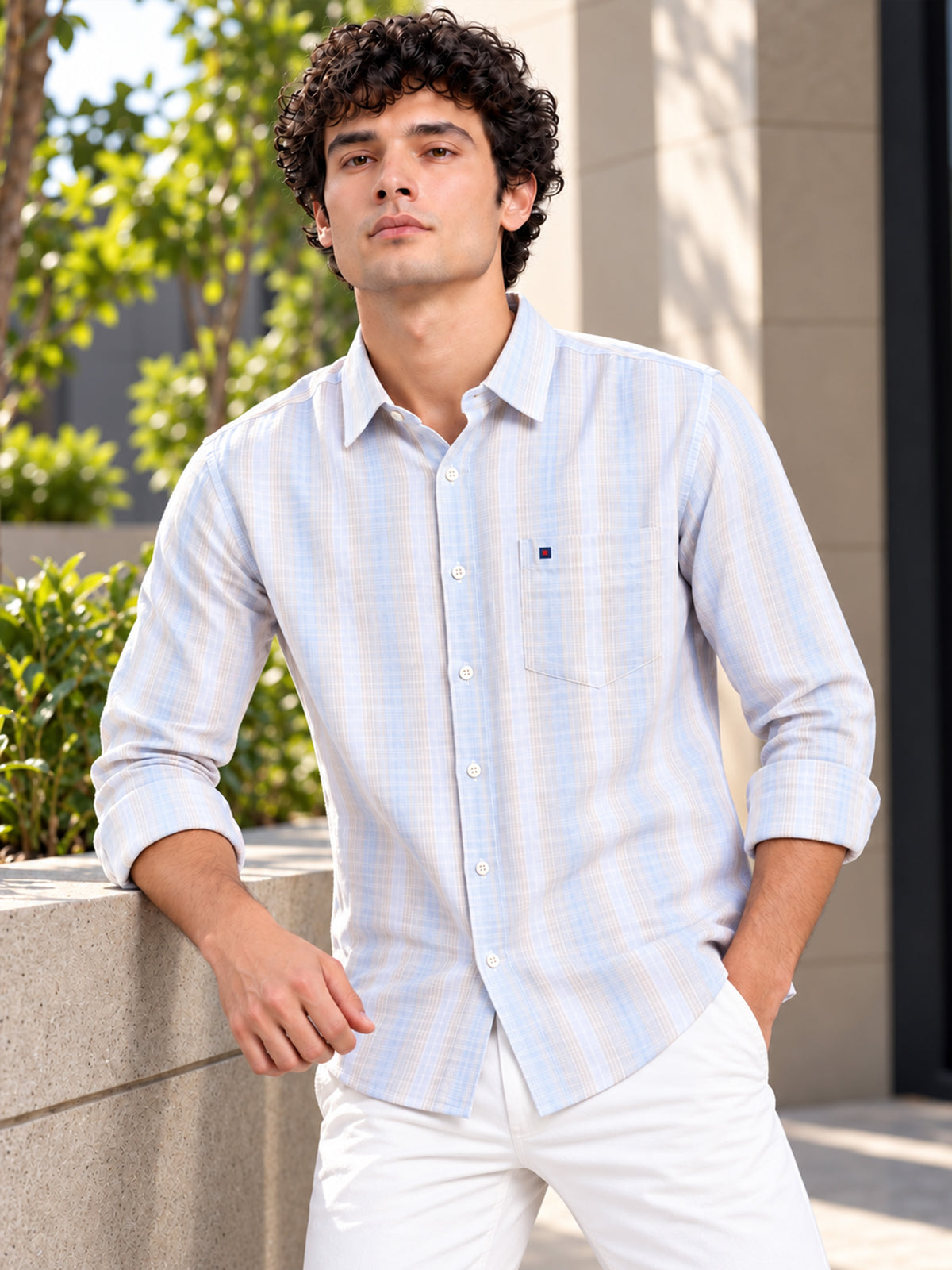 Men Light Grey Slim Fit Striped Casual Shirt