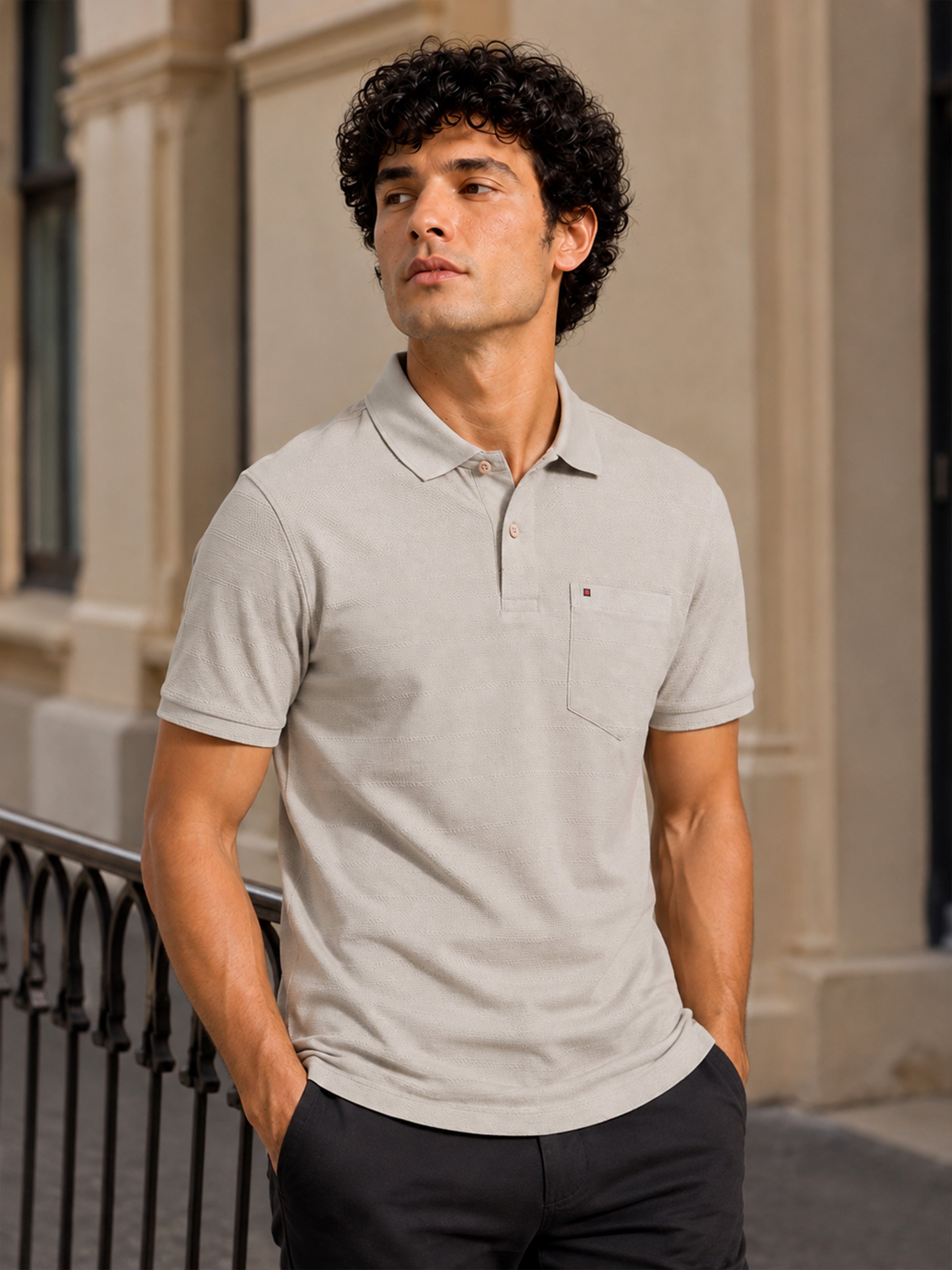 Men’s Beige Textured Knit Solid Casual Polo T‑Shirt.