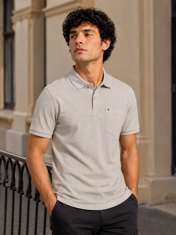 Men’s Beige Textured Knit Solid Casual Polo T‑Shirt.