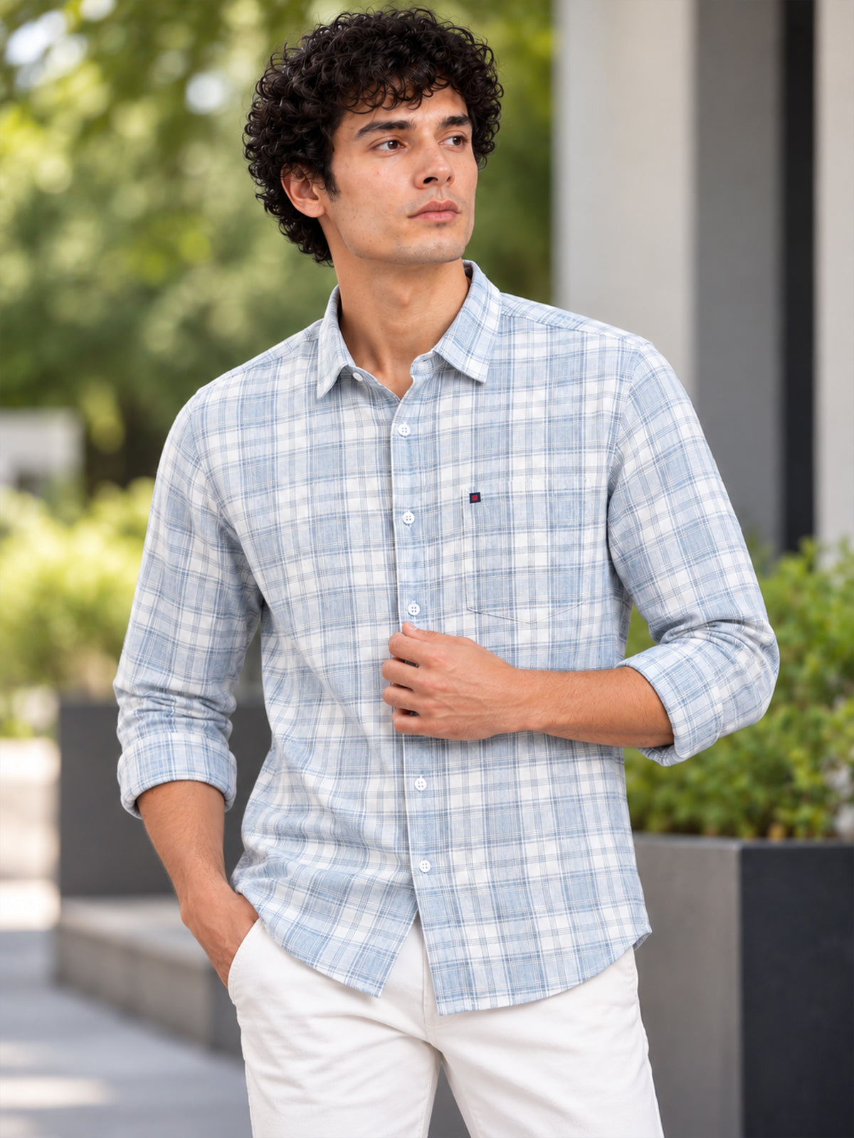 Men’s Grey Windowpane Checked Slim Fit Casual Shirt