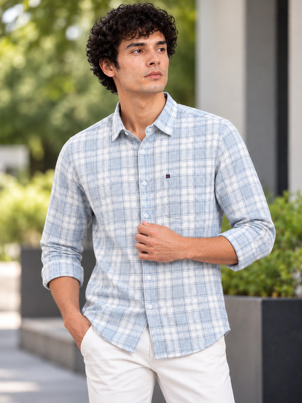 Men’s Grey Windowpane Checked Slim Fit Casual Shirt
