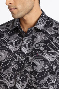 Men Black Floral Print Full Sleeve Slim Fit Casual Shirt