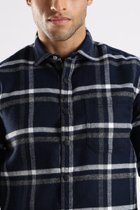 Men Navy Cotton Slim Fit Full Sleeve Checkered Shirt