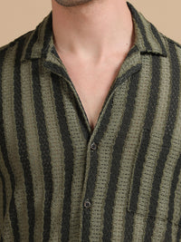 Men Green Half Sleeve Cotton Knitted Casual Shirt