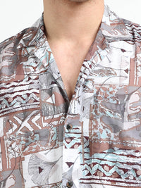 Brown Abstract Floral Print Slim Fit Half Sleeve Cuban Collar Shirt