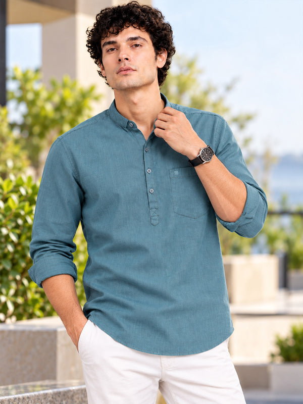 Men Blue Slim Fit Solid Linen Texture Casual Kurta Shirt