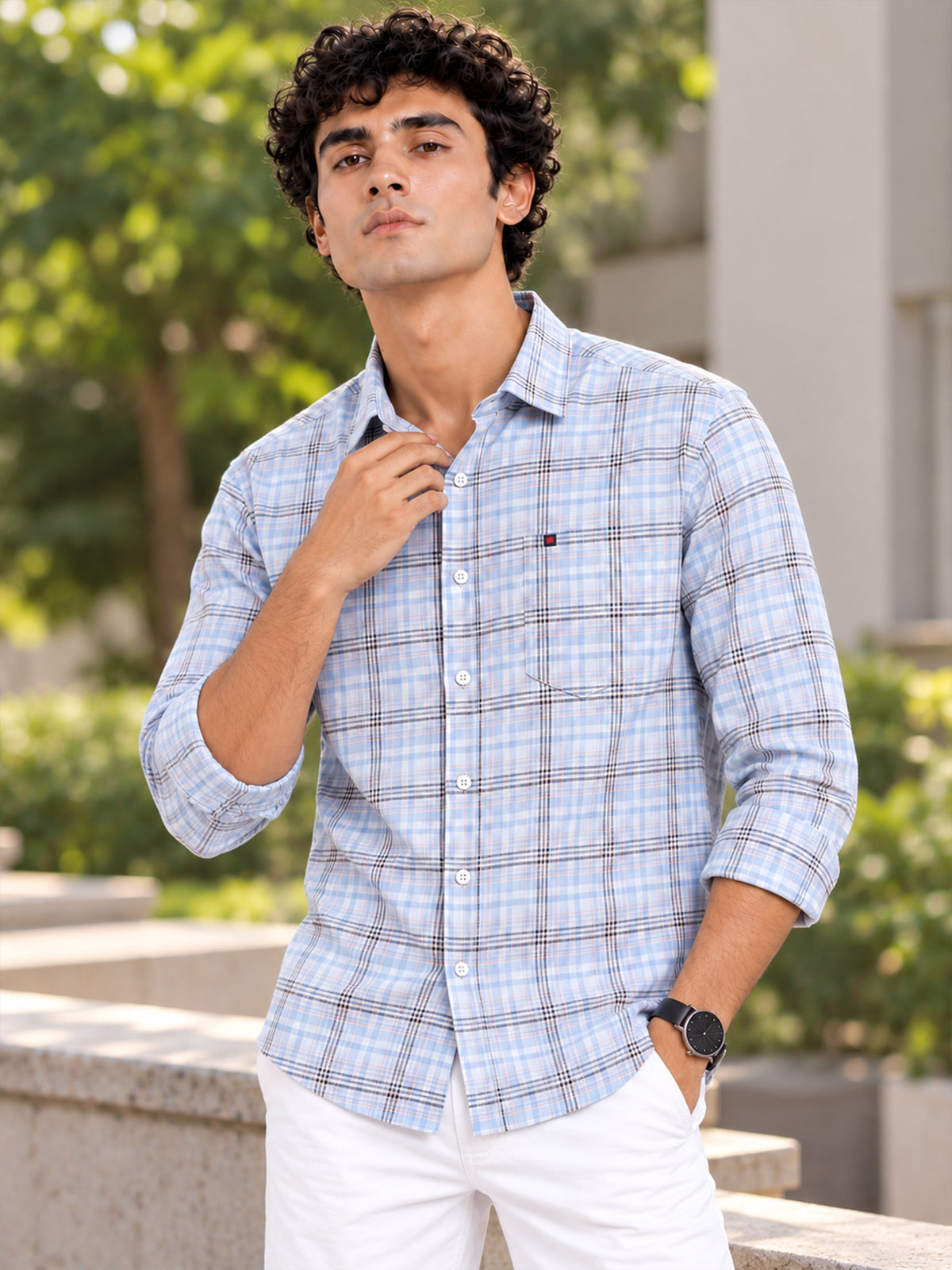 Men's Blue Slim Fit Checked Casual Shirt