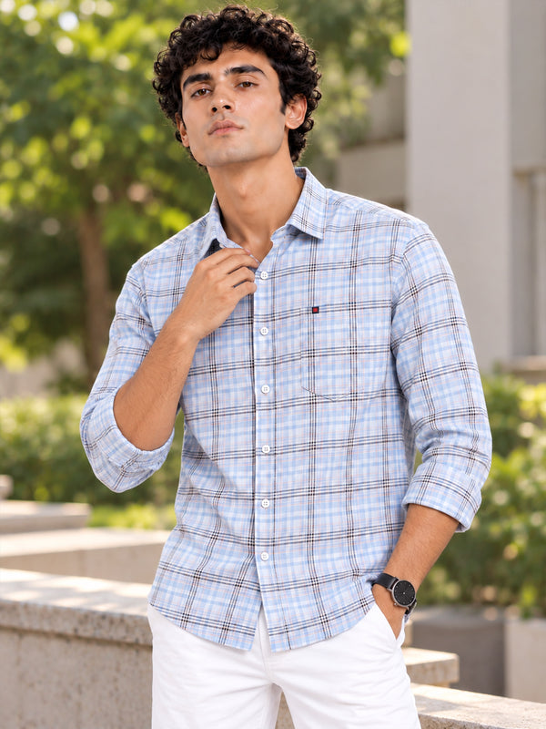 Men's Blue Slim Fit Checked Casual Shirt