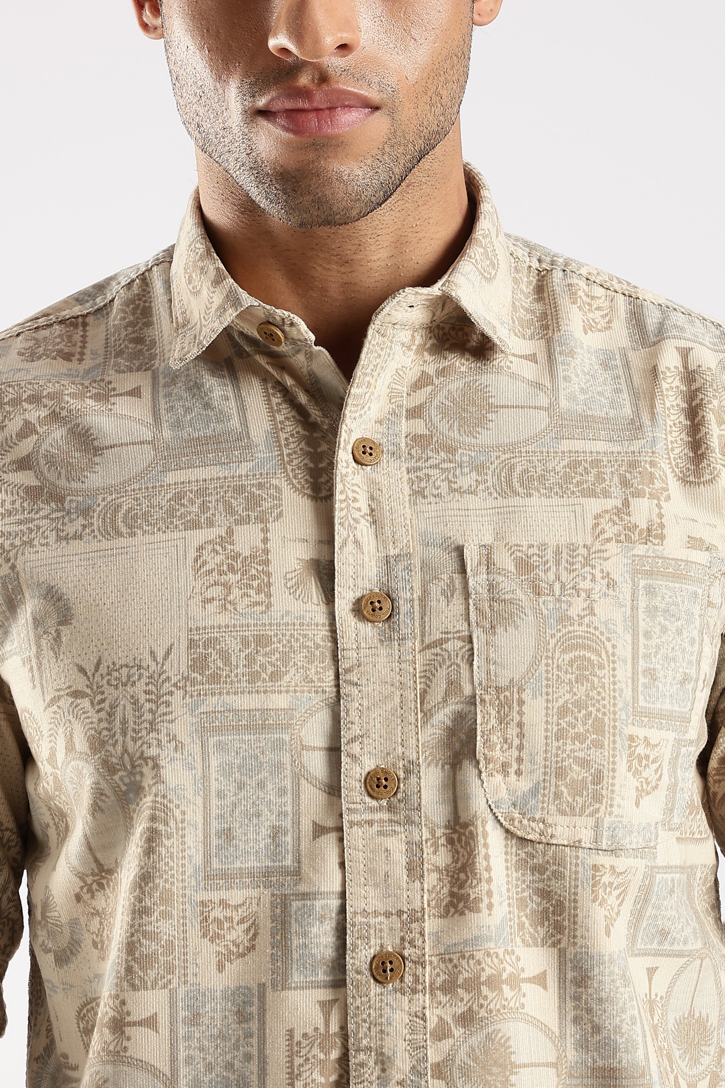 Brown Abstract Floral Print Slim Fit Full Sleeve Shirt