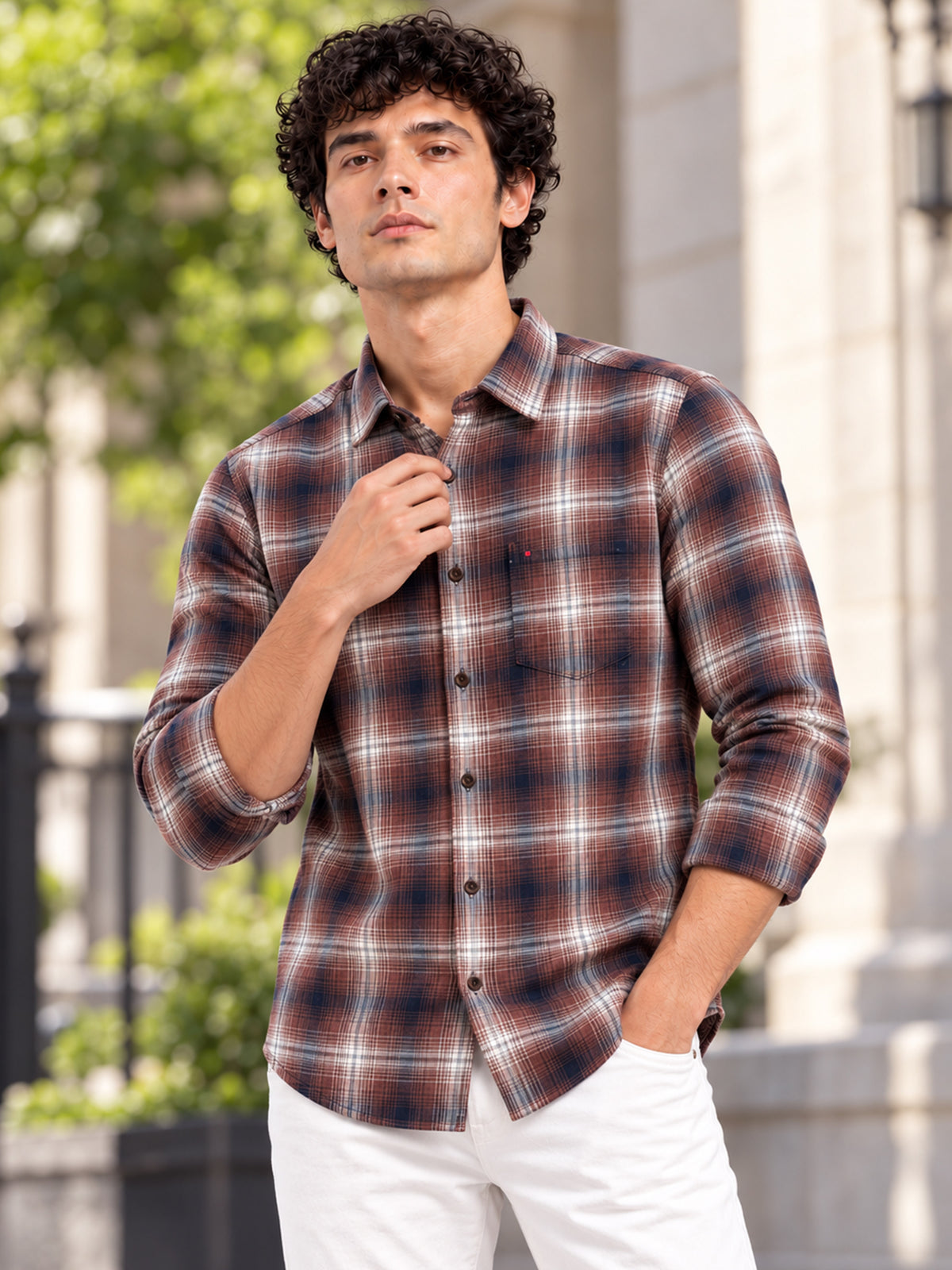Men's Brown Slim Fit Checkered Casual Shirt