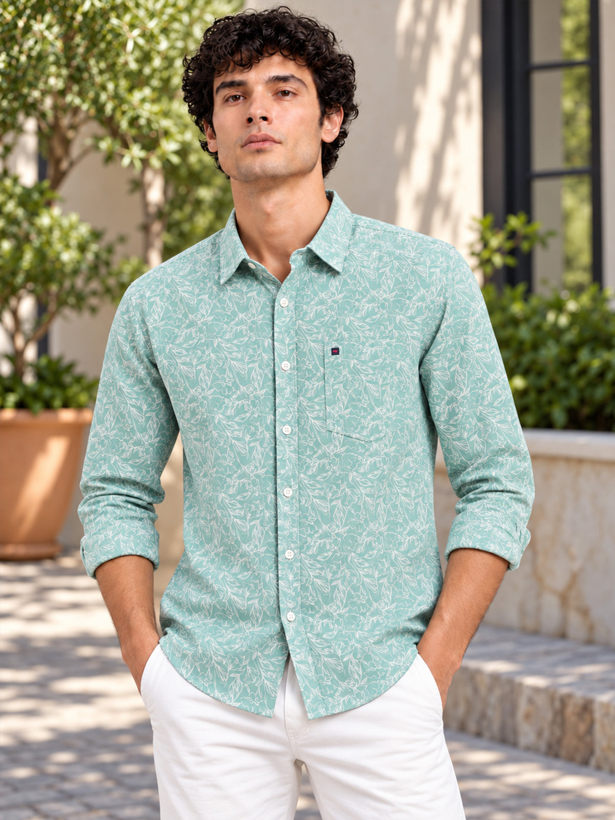 Men Green Slim Fit Floral Printed Casual Shirt