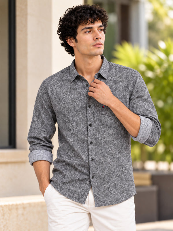 Men Dark Grey Slim Fit Floral Printed Casual Shirt