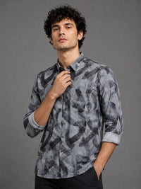 Men Grey Slim Fit Abstract Printed Full Sleeve Casual Shirt