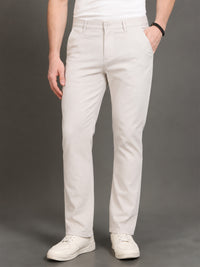 Men's Cream Solid Twill Stretch Trousers | Narrow Fit | Premium Twill | Smart-Casual & Office Wear