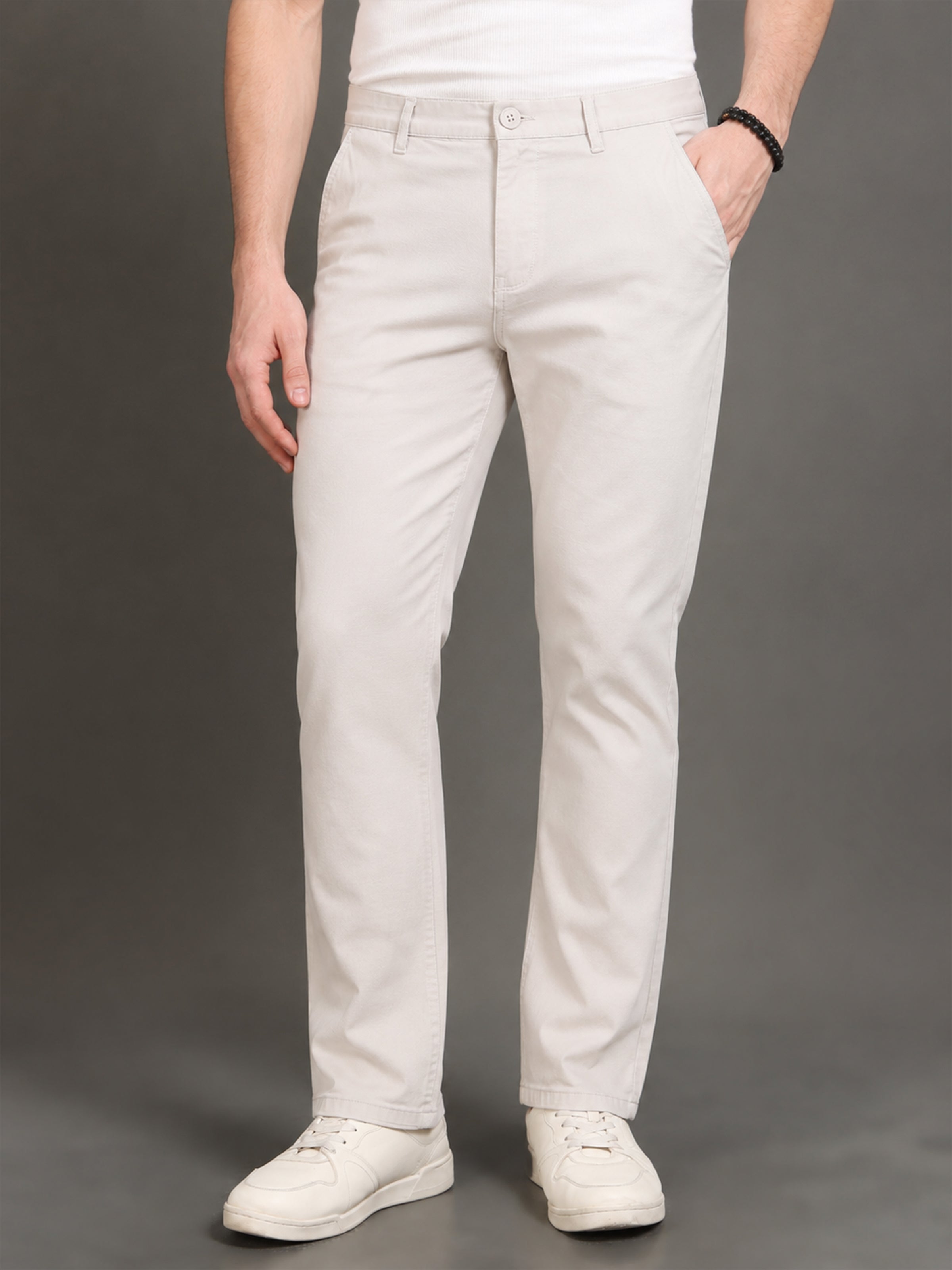 Men's Cream Solid Twill Stretch Trousers | Narrow Fit | Premium Twill | Smart-Casual & Office Wear