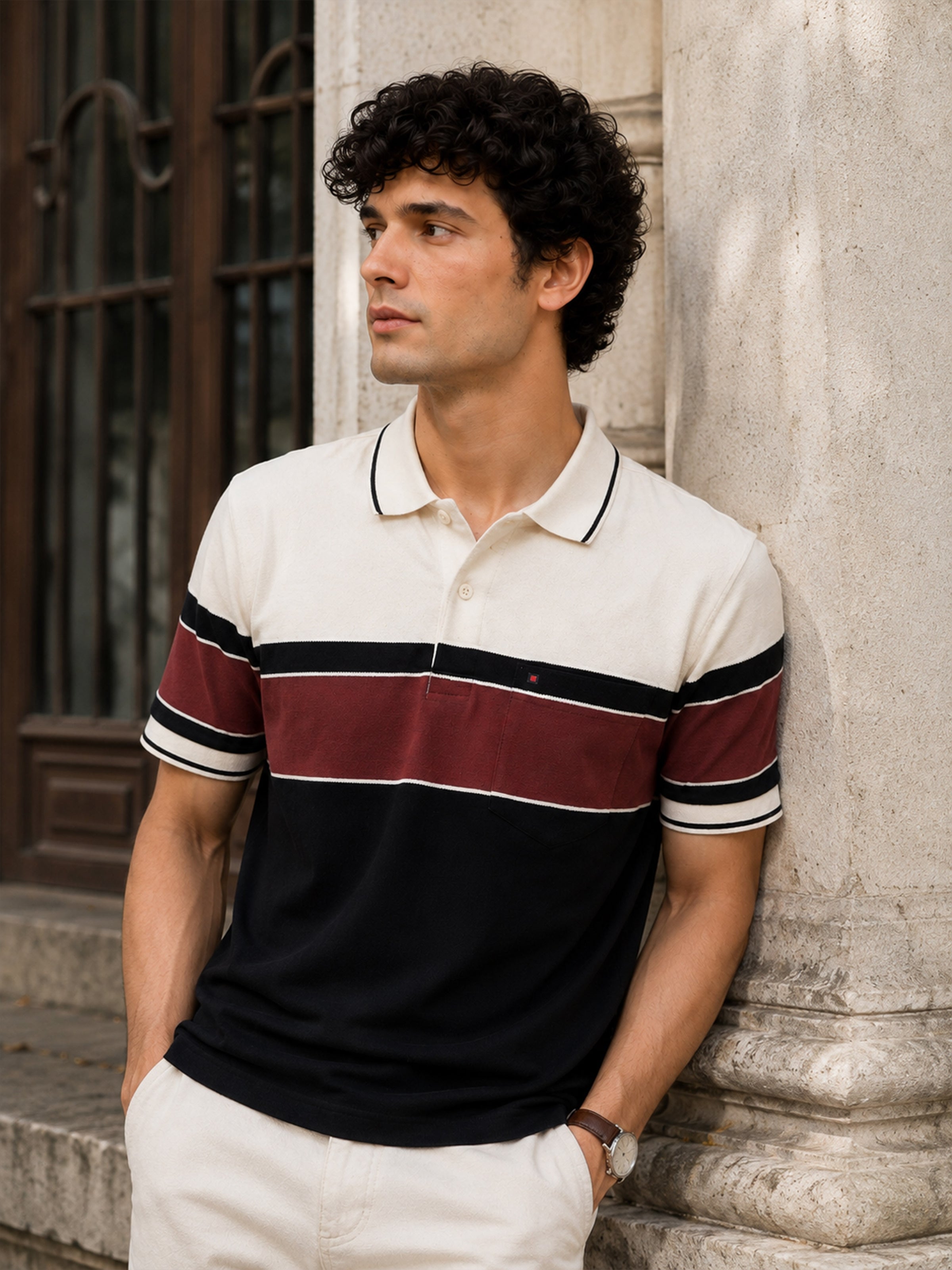 Men Brown Slim Fit Color-Block Striped Jacquard Short Sleeves Polo Collar Smart-Casual T-Shirt with Chest Pocket