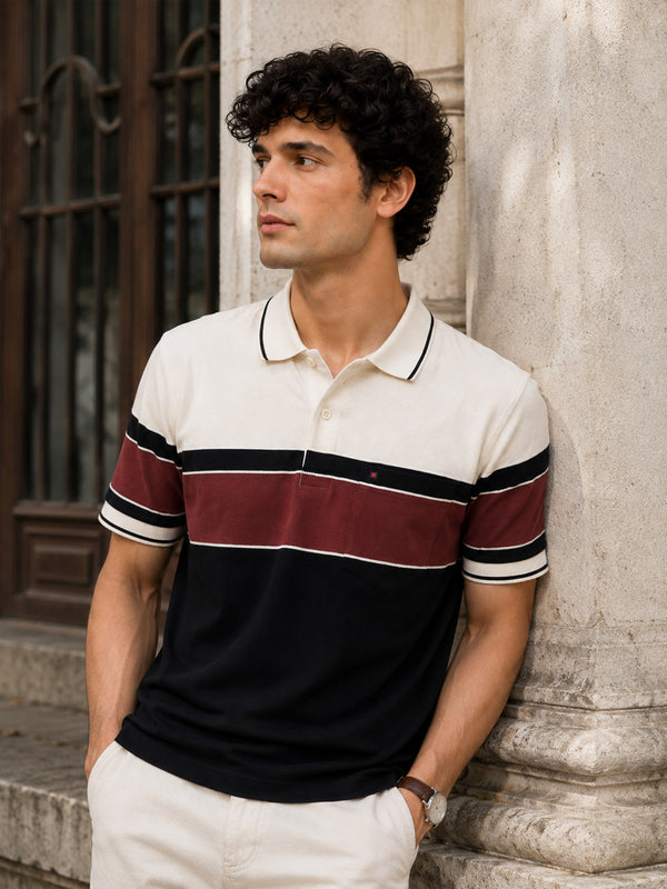 Men Brown Slim Fit Color-Block Striped Jacquard Polo T-Shirt