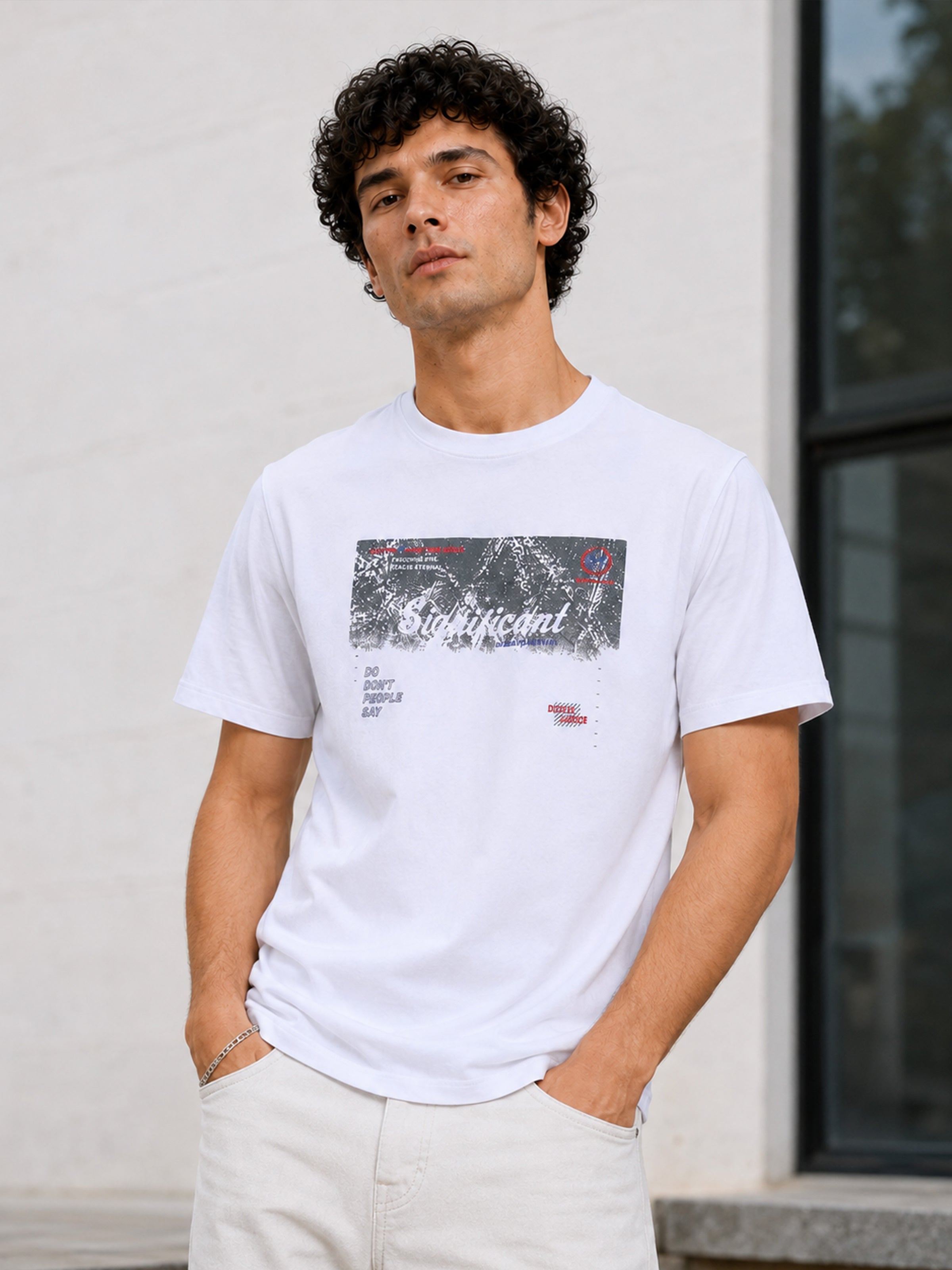 Men White Slim Fit Graphic Print Crew Neck Casual T-Shirt