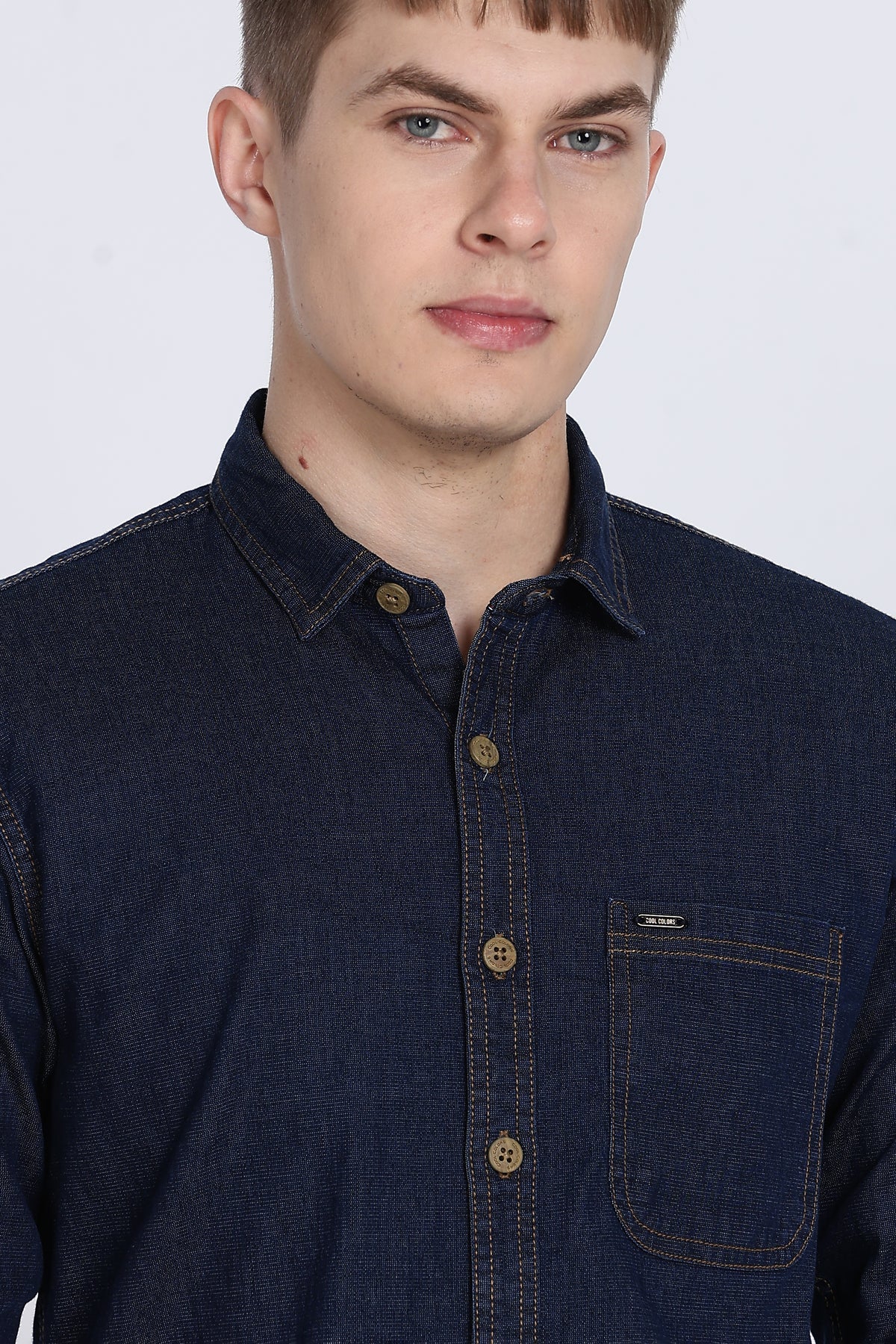 Navy Plain Slim Fit Full Sleeve Denim Casual Shirt