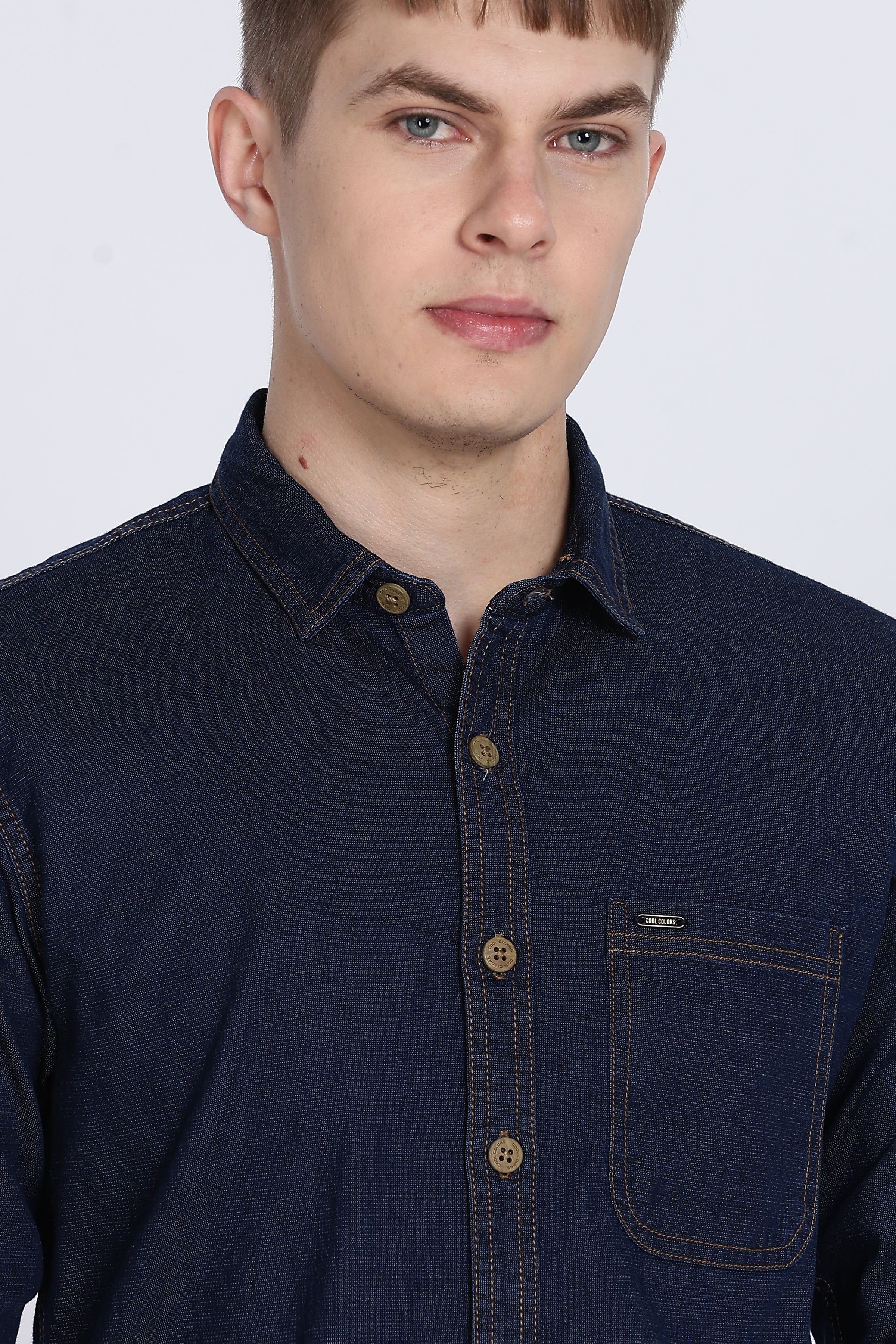 Navy Plain Slim Fit Full Sleeve Denim Casual Shirt