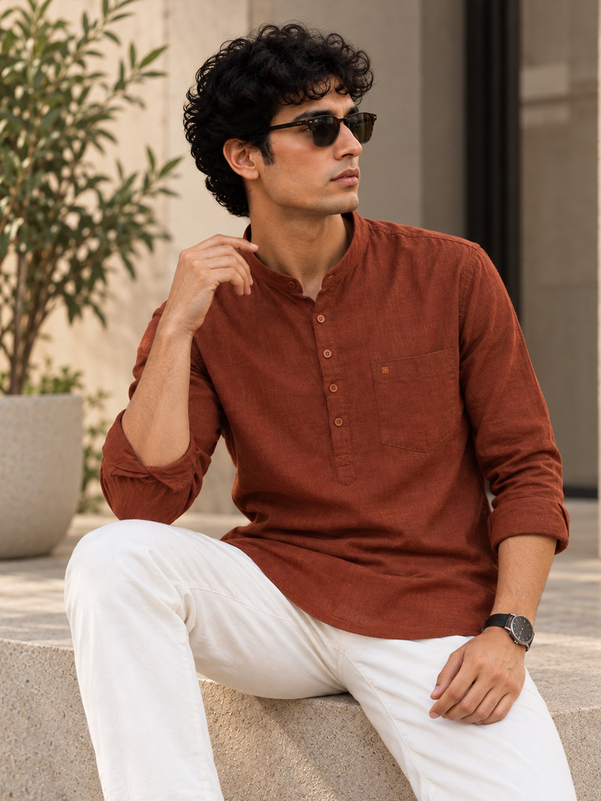 Men Brown Slim Fit Solid Linen Texture Casual Kurta Shirt