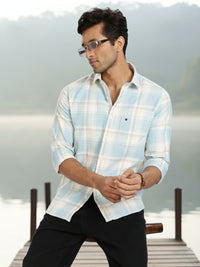 Men Sky Blue Checked Full Sleeve Slim Fit Casual Shirt