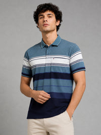 Men's Teal Blue Textured Knit Striped Short Sleeves casual Polo T-Shirt
