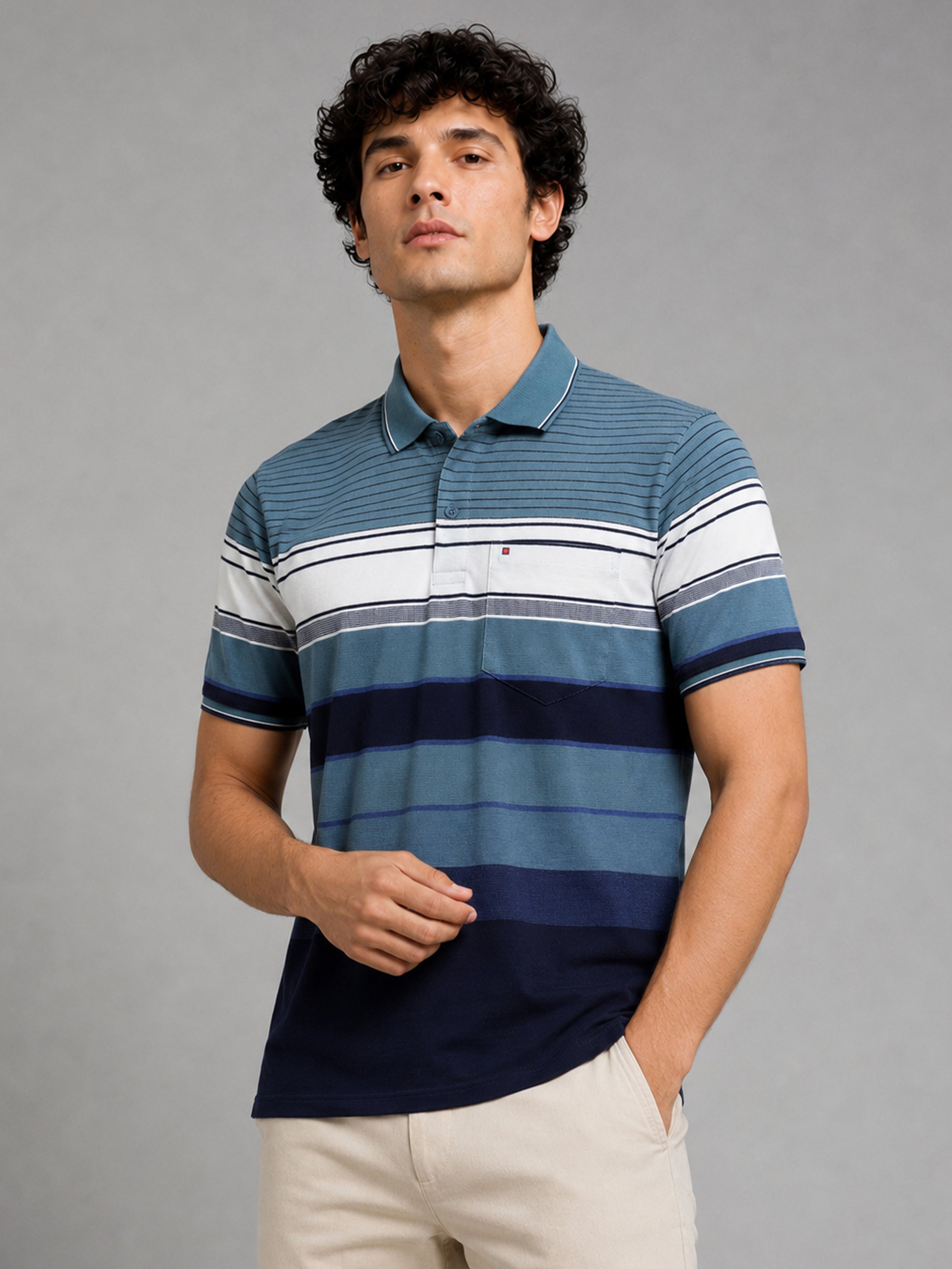 Men's Teal Blue Textured Knit Striped Short Sleeves casual Polo T-Shirt