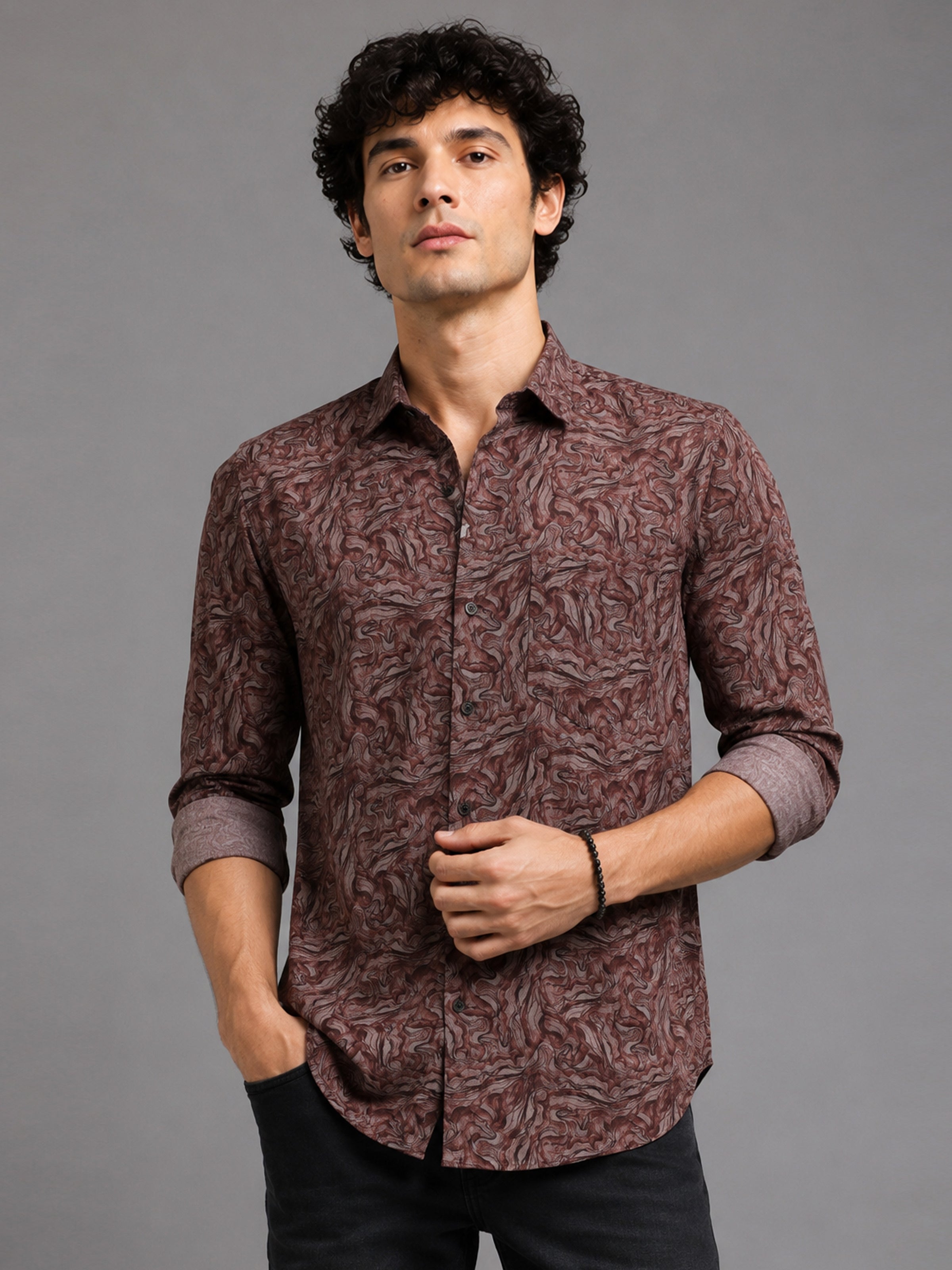 Men Maroon Slim Fit Printed Full Sleeve Casual Shirt