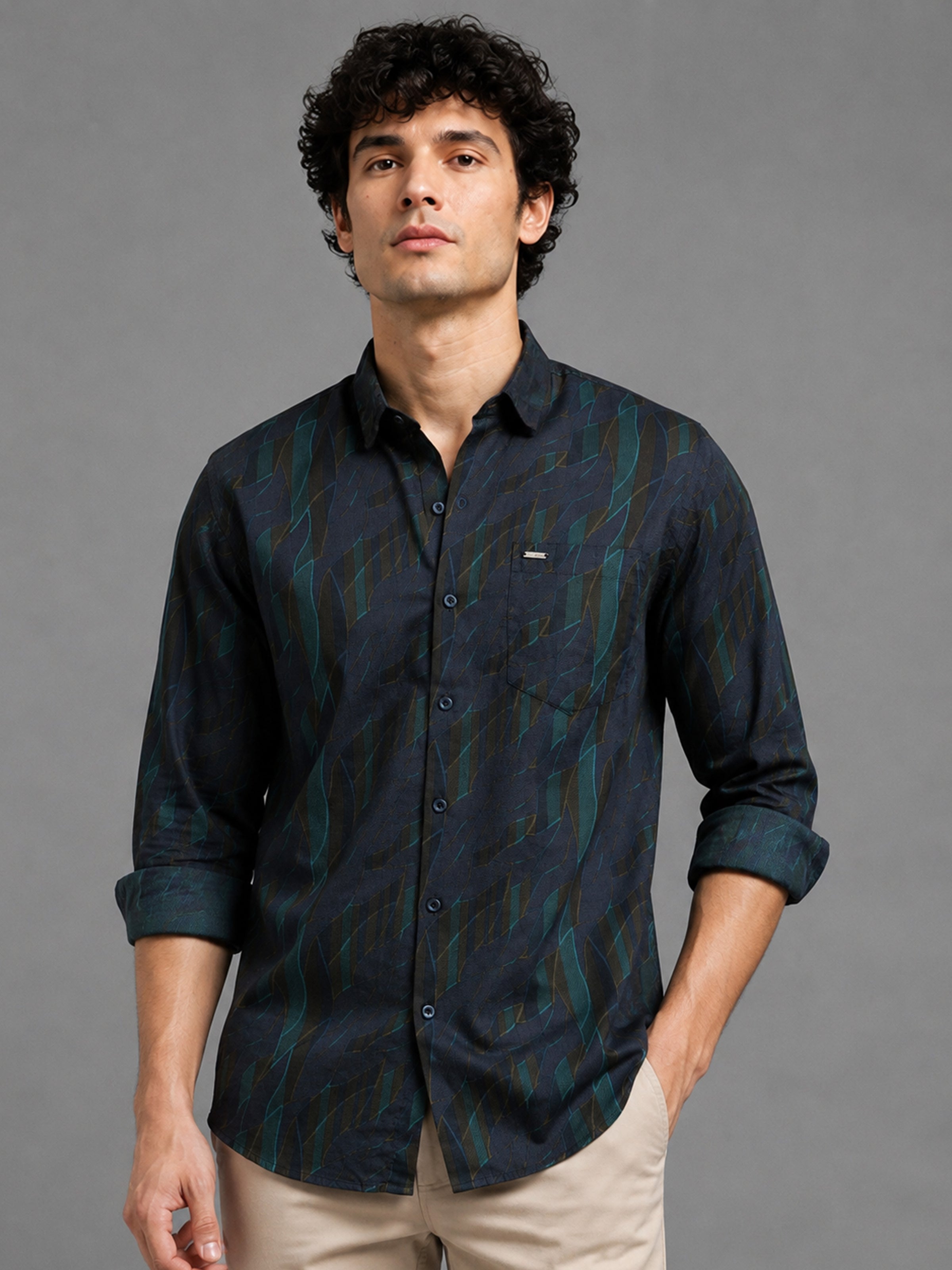 Men Navy Slim Fit Printed Full Sleeve Casual Shirt