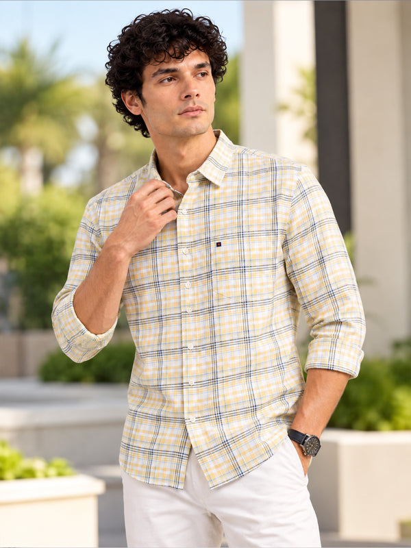 Men's Yellow Slim Fit Checked Casual Shirt