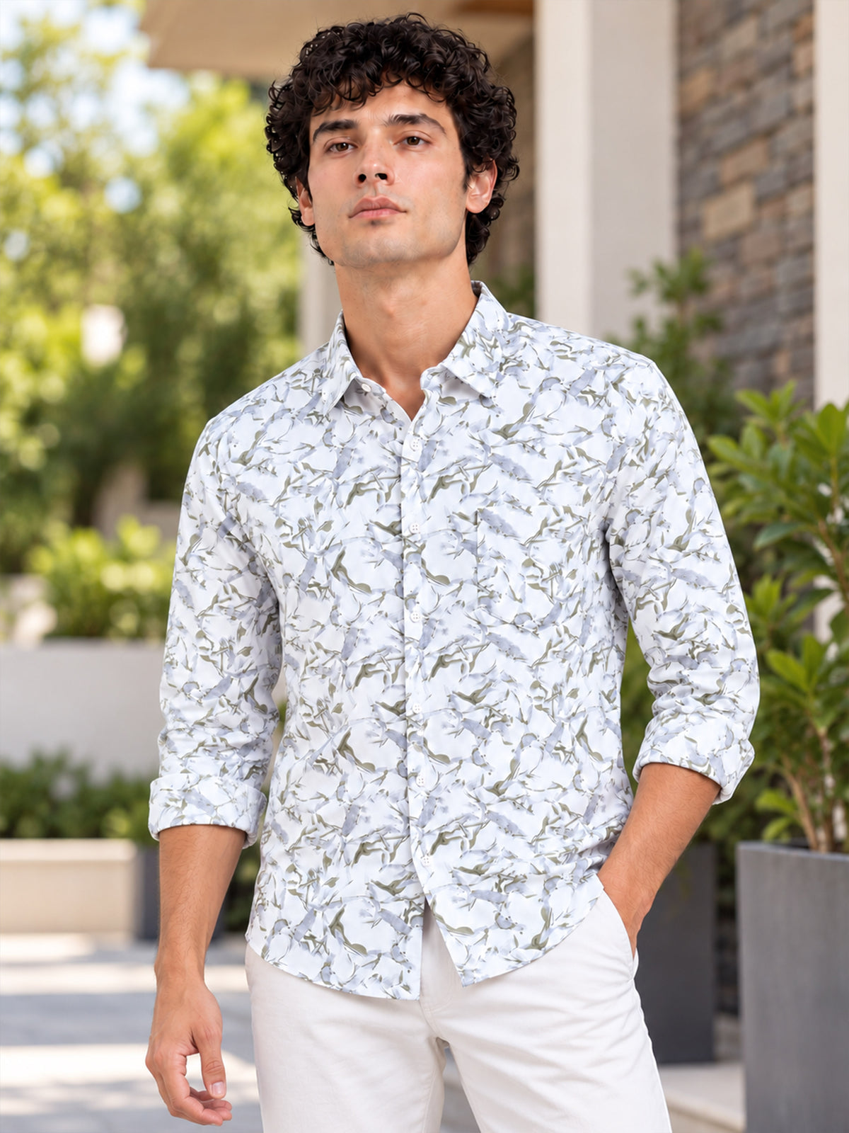 Men Green Slim Fit Cotton Lycra Abstract printed Casual Shirt